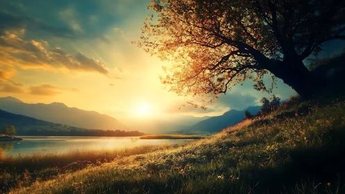 Golden lakeside sunset bathes a quiet valley in warmth