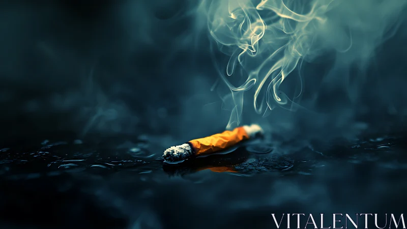 Smoldering cigarette ember resting in cool blue shadows.