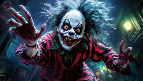 Predatory striped clown lunging forward in neon alley at night