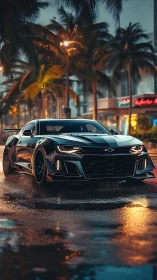 Wet-street hypercar render under tropical urban luminance.
