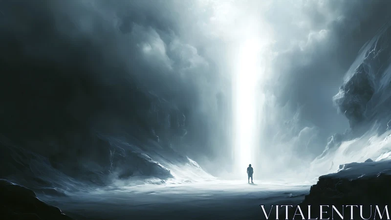 Mystical light column welcomes a lone explorer in icy void