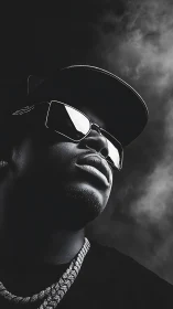 Confident portrait in bold monochrome streetwear style.