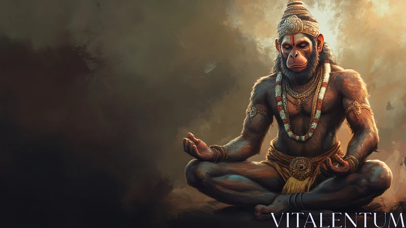 Divine simian yogi in jeweled regalia meditative pose.