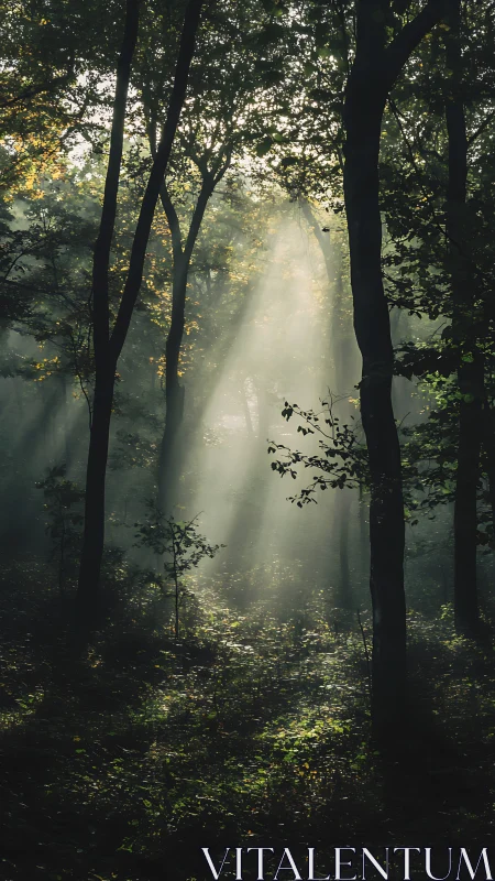 Deciduous Forest Canopy with Crepuscular Rays and Atmospheric Haze