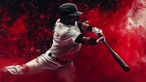 Baseball slugger drives powerful swing through crimson haze