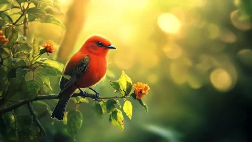 Bright red songbird perched on flowering branch, dreamy soft light.