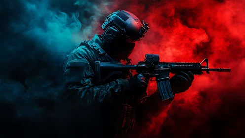 Tactical operator in neon smoke under high-contrast rim lighting