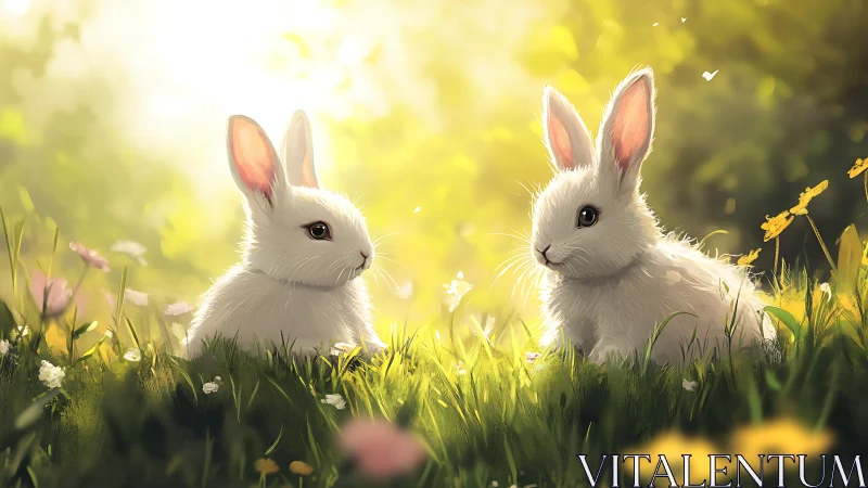 White rabbits in sunlit meadow with soft green grass.