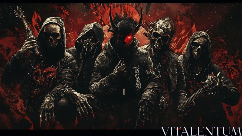 Five skeletal figures stand in red-tinged graphic composition