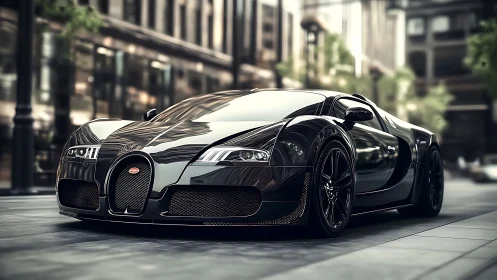 Black hypercar parked on glossy urban city street at dusk.