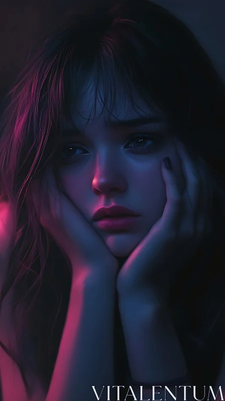 Melancholic portrait under magenta and cyan rim light.