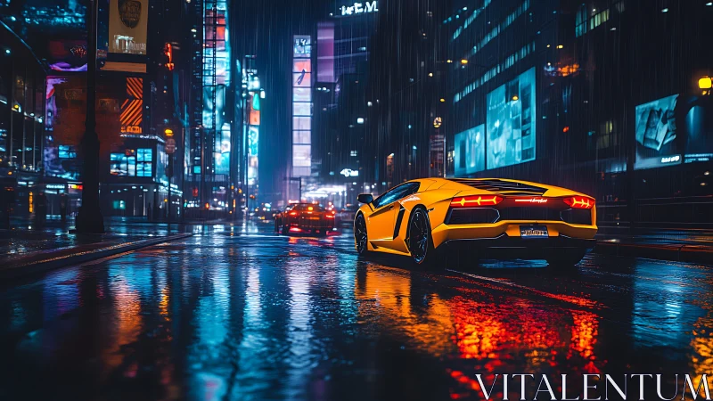 Yellow supercar reflects neon spectra on rain-soaked urban avenue