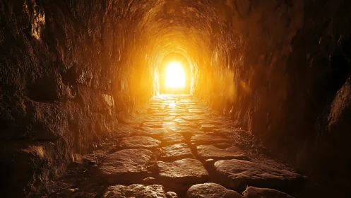 Stone tunnel interior lit by bright golden exit light.