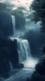 Moody tiered waterfall in misty forest canyon under overcast sky
