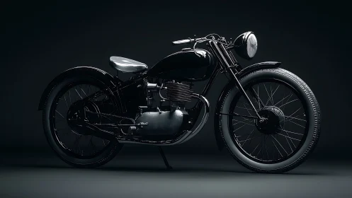 Vintage black motorcycle stands in dramatic studio lighting