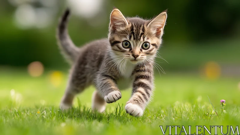 Tabby Kitten on Lawn - Walking Stance