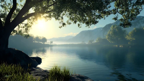 Sunlit lacustrine valley with volumetric mist and foliage glow.
