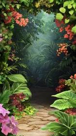Secret garden path framed by lush, storybook jungle.