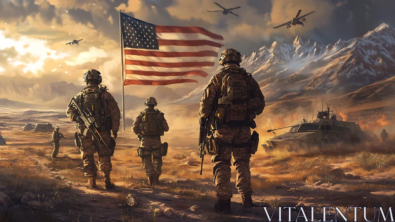 US soldiers advance under flag across rugged battlefield.