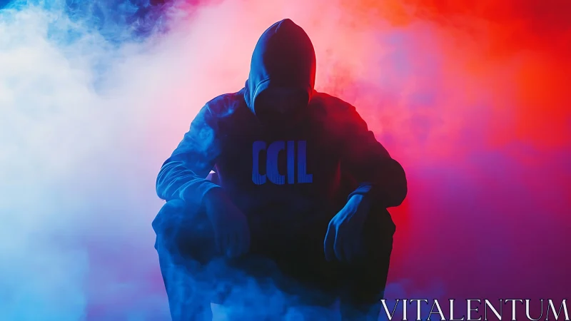 Hooded figure crouches amid dense red and blue stage fog