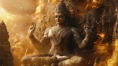 Divine golden deity seated amid celestial fire temples.