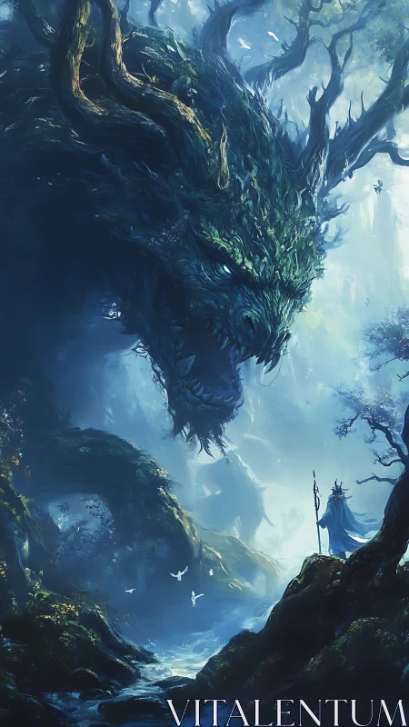 Forest titan leans down as a lone mage steadies the light