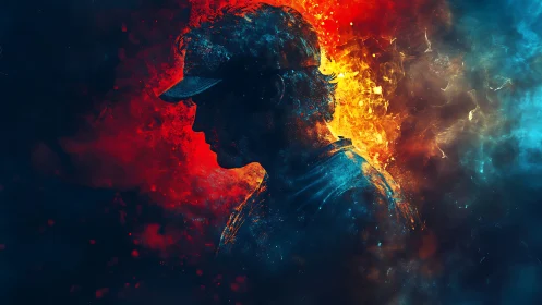 Silhouetted figure in cap divides red and blue color fields