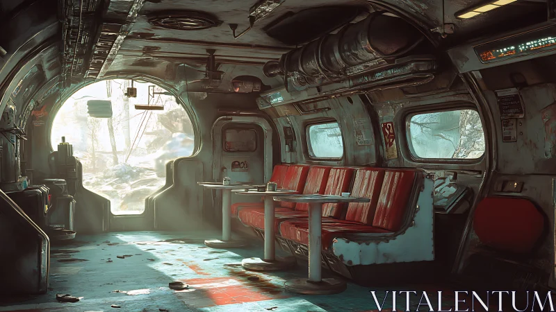 Retro-futurist wasteland diner interior in 3D environment.