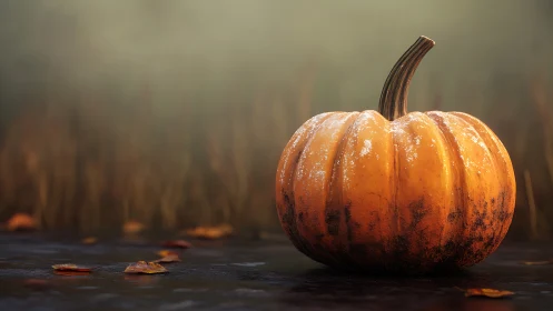 Golden pumpkin rests on misty autumn ground at sunrise