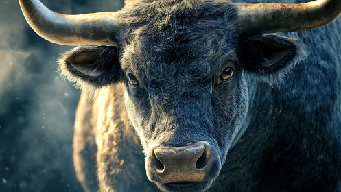 Hyperreal frontal portrait of a horned bull in cool backlight