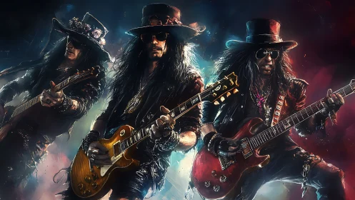 Rock guitar trio shred under neon stormlit stage glow.