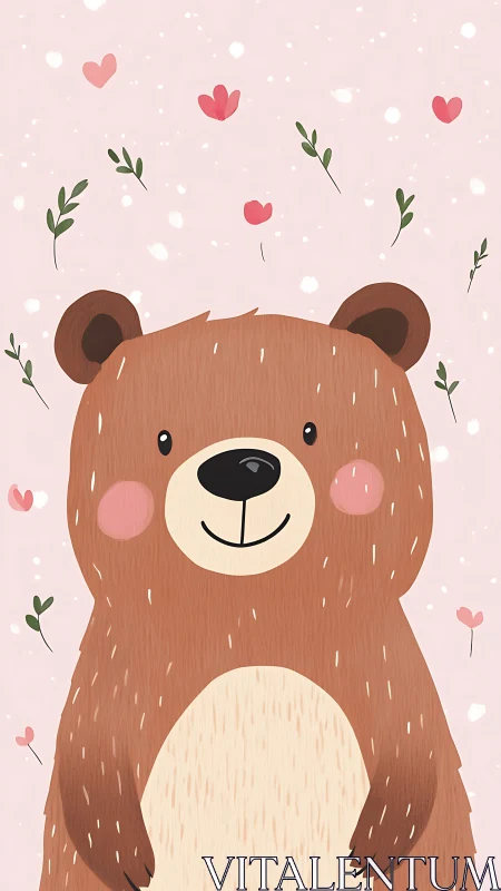 Vector stylized brown bear portrait with floral particle field.