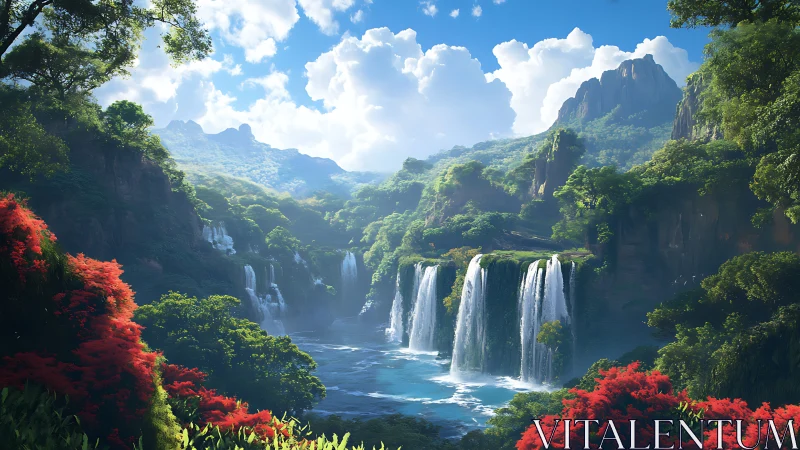 Lush tiered waterfalls in a vibrant fantasy valleyscape.