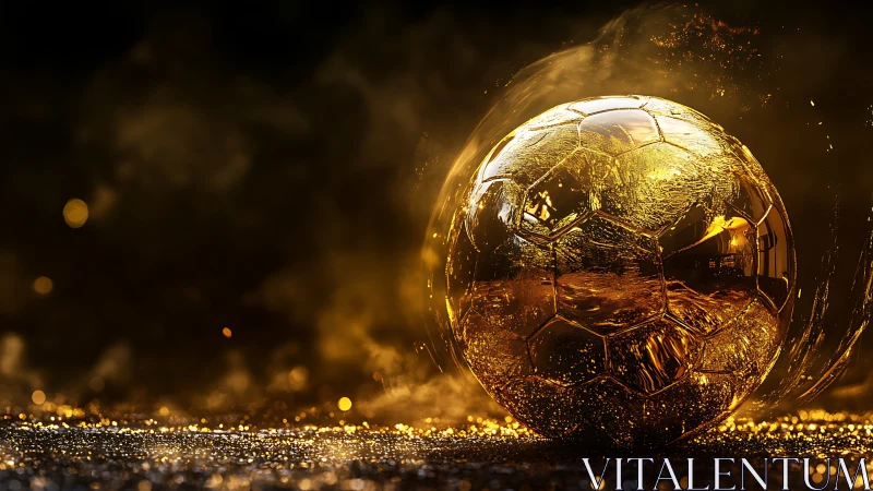 Golden soccer ball glows against dark shimmering backdrop