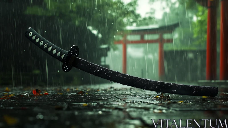 Solitary katana resting on wet temple stones in rainfall.