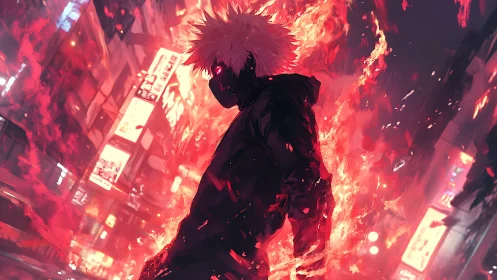 Masked figure stands amid red flames in urban night scene