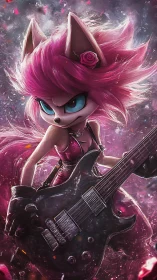 Pink anthropomorphic fox character holding electric guitar.