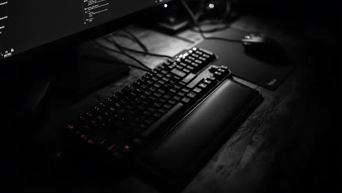 Low key mechanical keyboard workstation in nocturnal contrast.