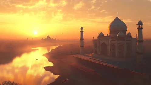 Sunlit Mughal mausoleum beside reflective river at dawn.