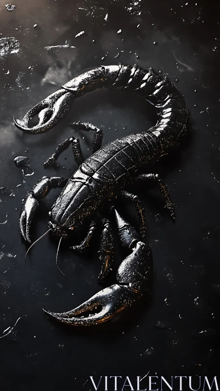 Glossy black scorpion rendered on wet dark surface.