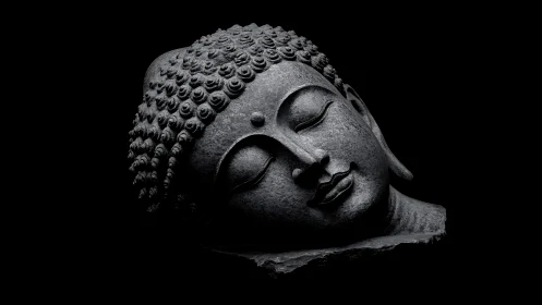 Stone Buddha head in serene repose under dramatic shadows.