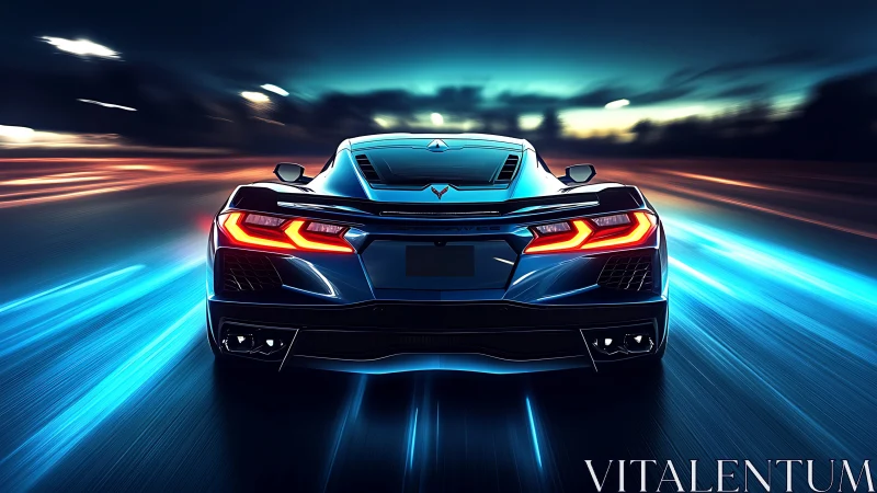 Rear three-quarter hypercar render on neon illuminated highway