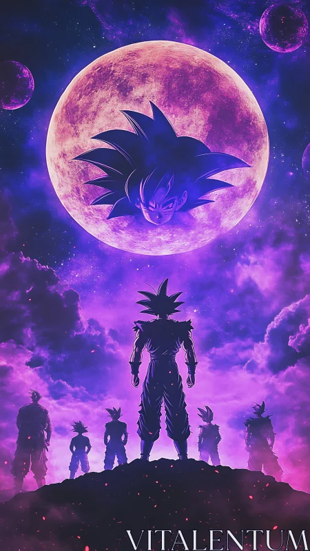 Saiyan silhouettes confront cosmic moon under violet nebula