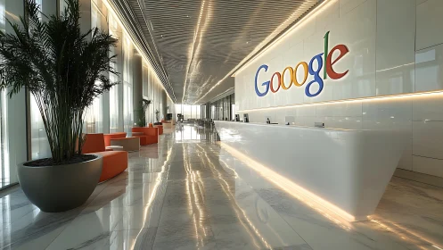 Sleek corporate lobby with glossy reception and logo wall.