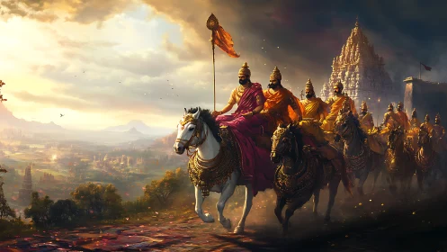 Warriors on horseback advance before temple at sunrise.