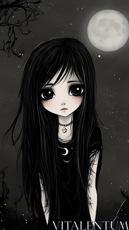 Moonlit goth girl drifts beneath a silent, star-pricked sky.