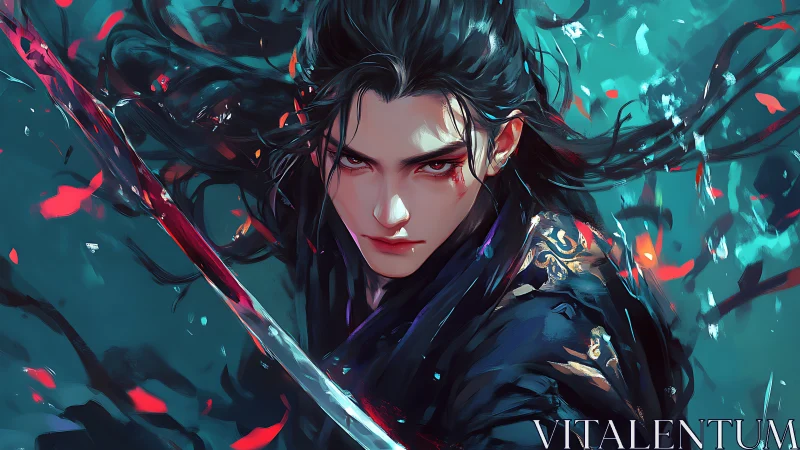 Storm-eyed swordsman carves fury through a painted tempest