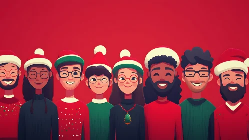 Illustrated group portrait shows people in holiday clothing