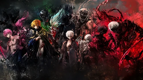 Digital painting of fractured antiheroes in chaotic triptych composition.