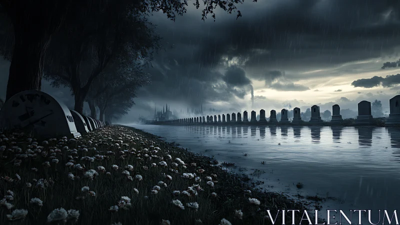 Stormlit riverside graveyard wrapped in quiet reflection.